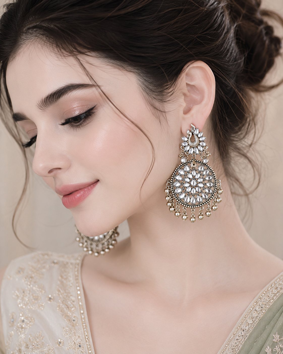 Oxidized Kundan ghungroos studded Peacock Drop Earrings - Image 2