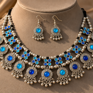 Oxidized Silver and peacock Shade studded Choker Set with earrings