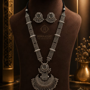 Oxidized Silver Long Tribal Necklace Set with earrings
