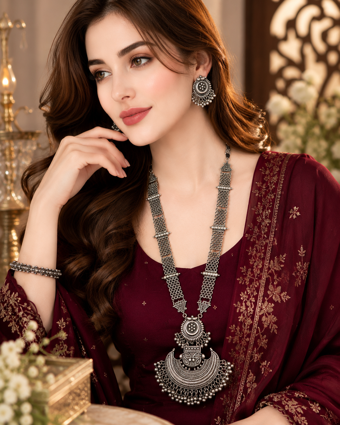 Oxidized Silver Long Tribal Necklace Set with earrings - Image 2