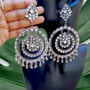 Moon Oxidized Polki Hoop Drop Earrings