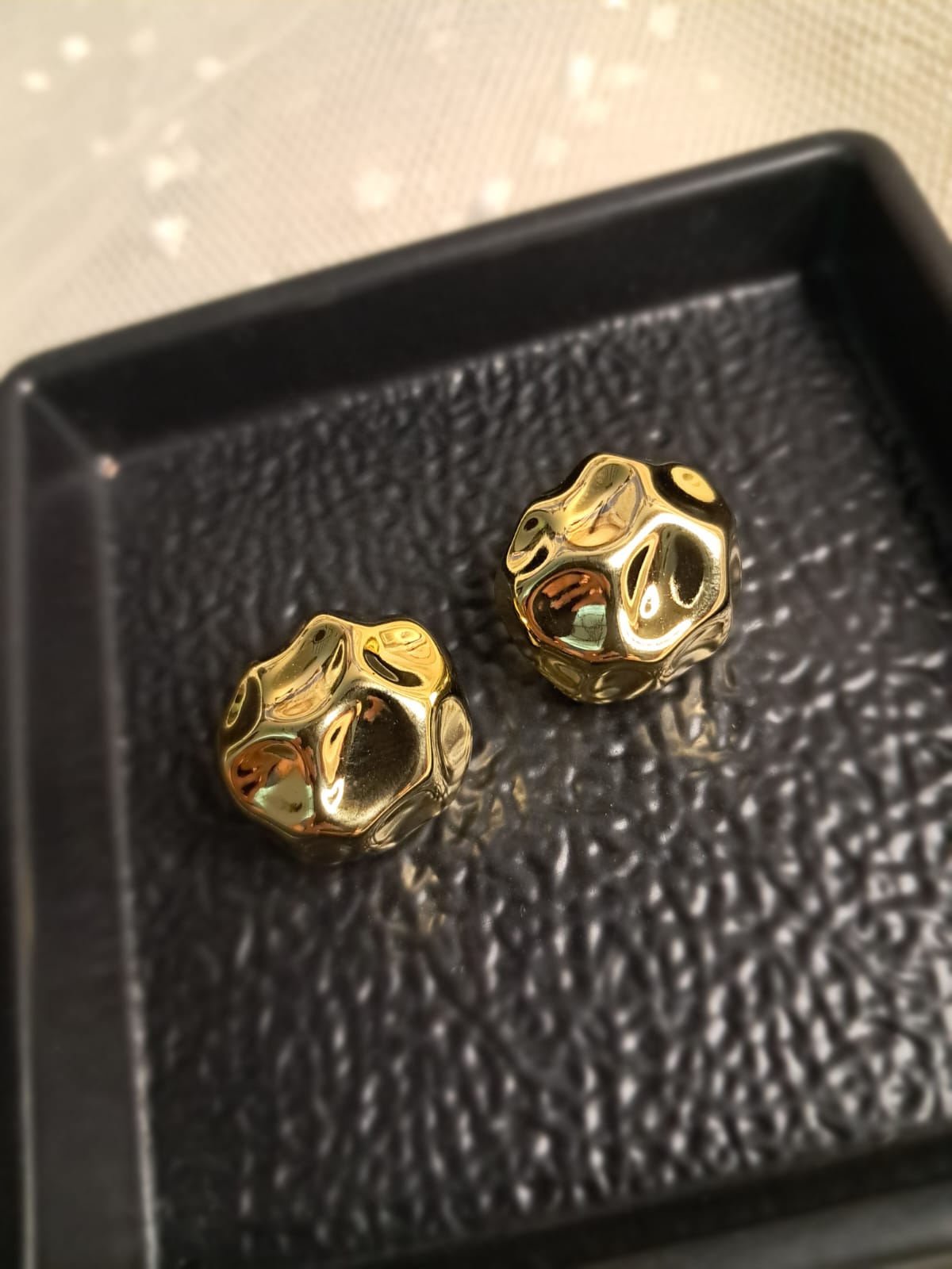 Gold Textured Basketweave Stud Earrings - Image 2