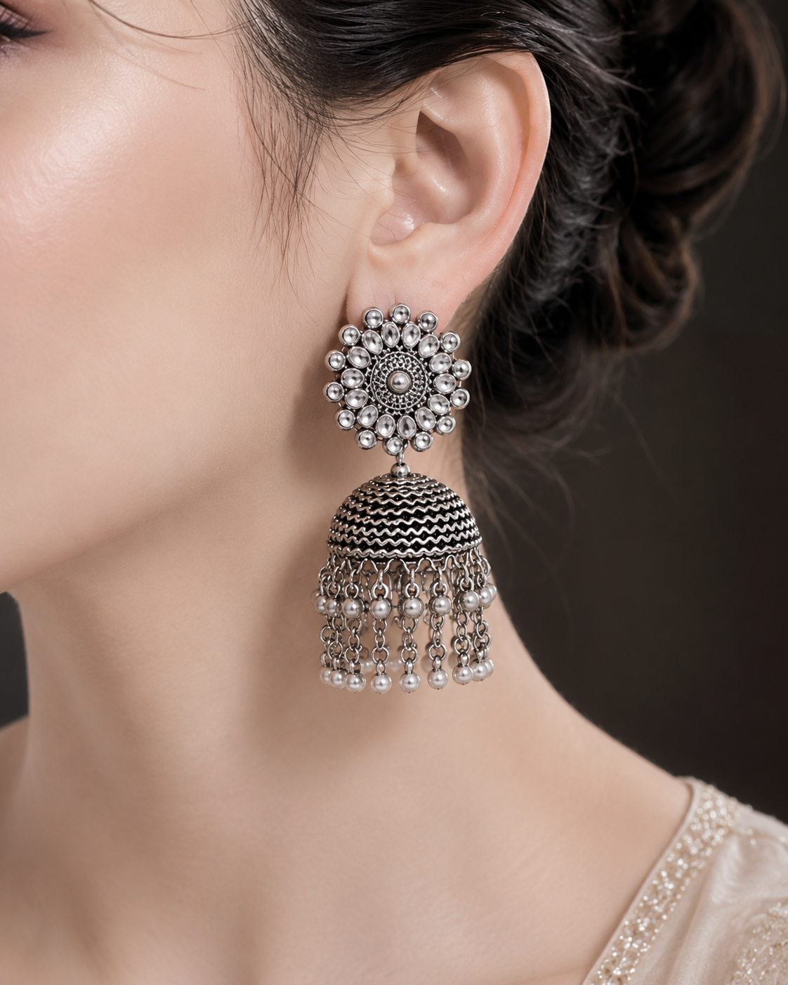 Oxidized Kundan Jhumka Drop Earrings - Image 2