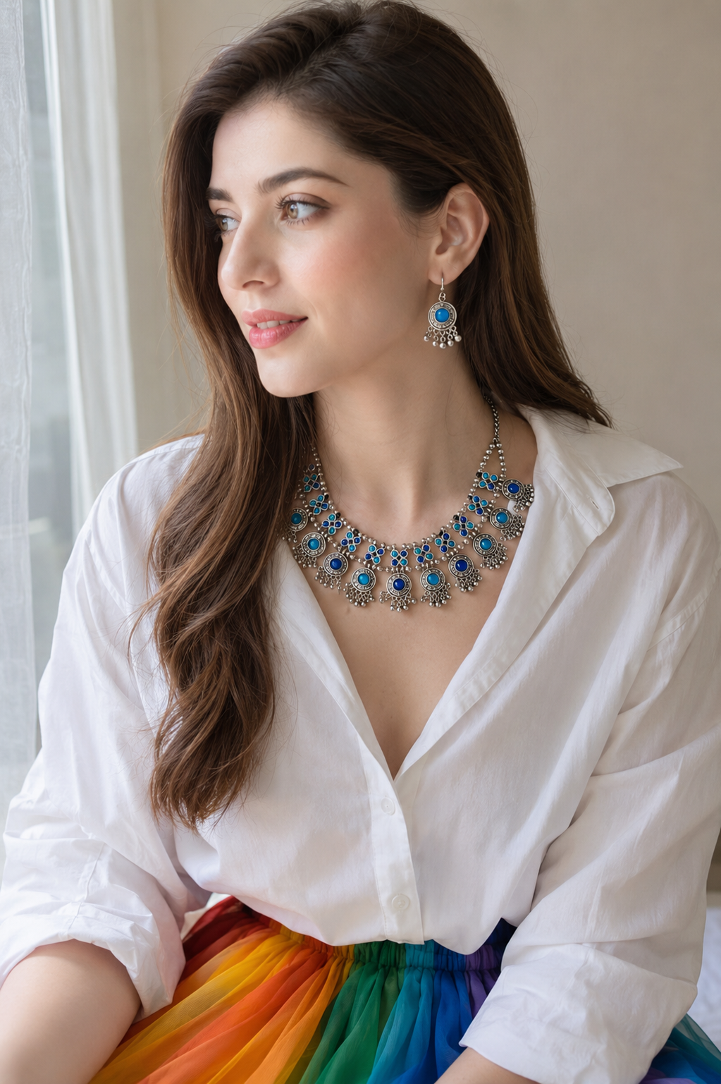 Oxidized Silver and peacock Shade studded Choker Set with earrings - Image 2