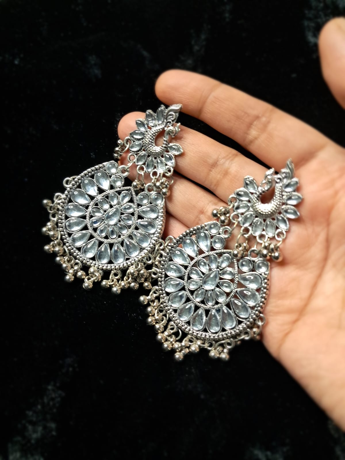 Oxidized Kundan ghungroos studded Peacock Drop Earrings - Image 2