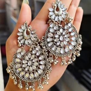 Oxidized Kundan ghungroos studded Peacock Drop Earrings