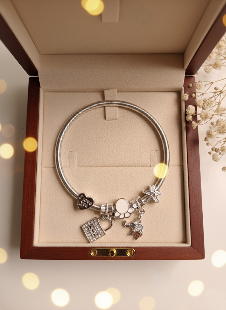 Tulip and nature-themed LOVE CHARMS BANGLE BRACELET