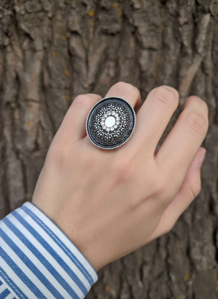 Oxidised floral inspired round cocktail Ring - Image 2