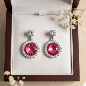 Silver-Toned Ruby ad Halo Dangle Earrings