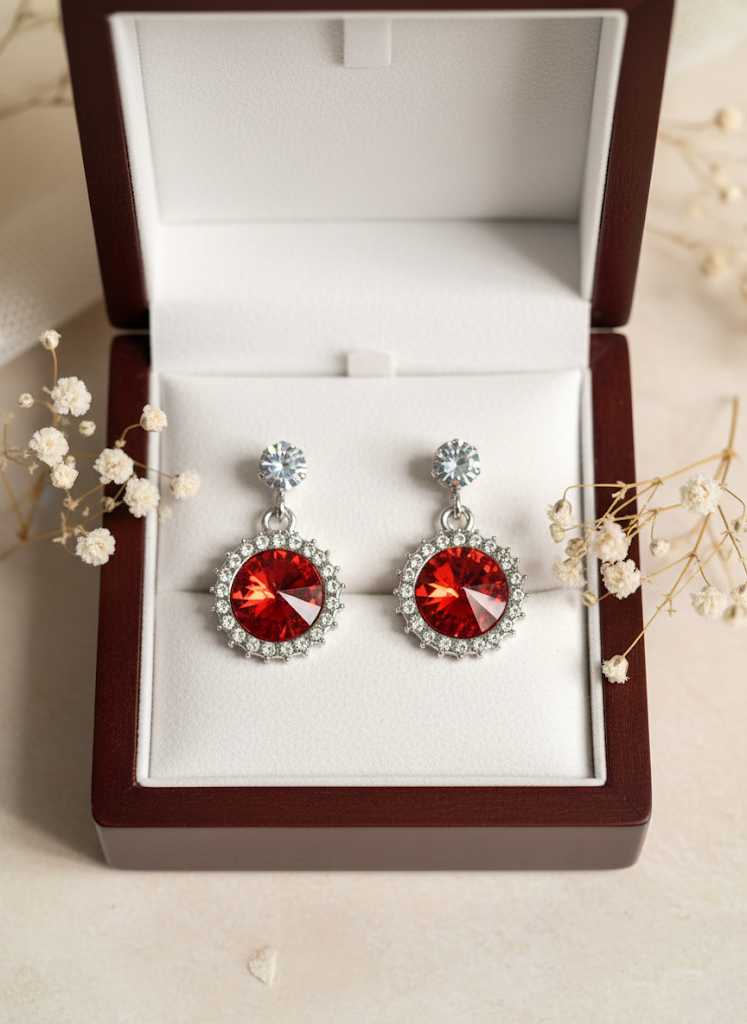 Silver-Toned Ruby ad Halo Dangle Earrings - Image 2