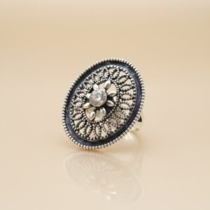 The Victorian Bloom Oval Kundan Oxidised Ring