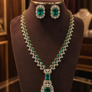 Premium Faux Emerald and Diamond Longline Necklace Set