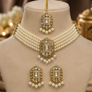 Royal Elegance Kundan & Multi-Strand Pearl Choker Set with Maang Tikka