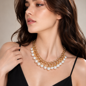 Chunky Gold Chain Pearl Fringe Statement Necklace