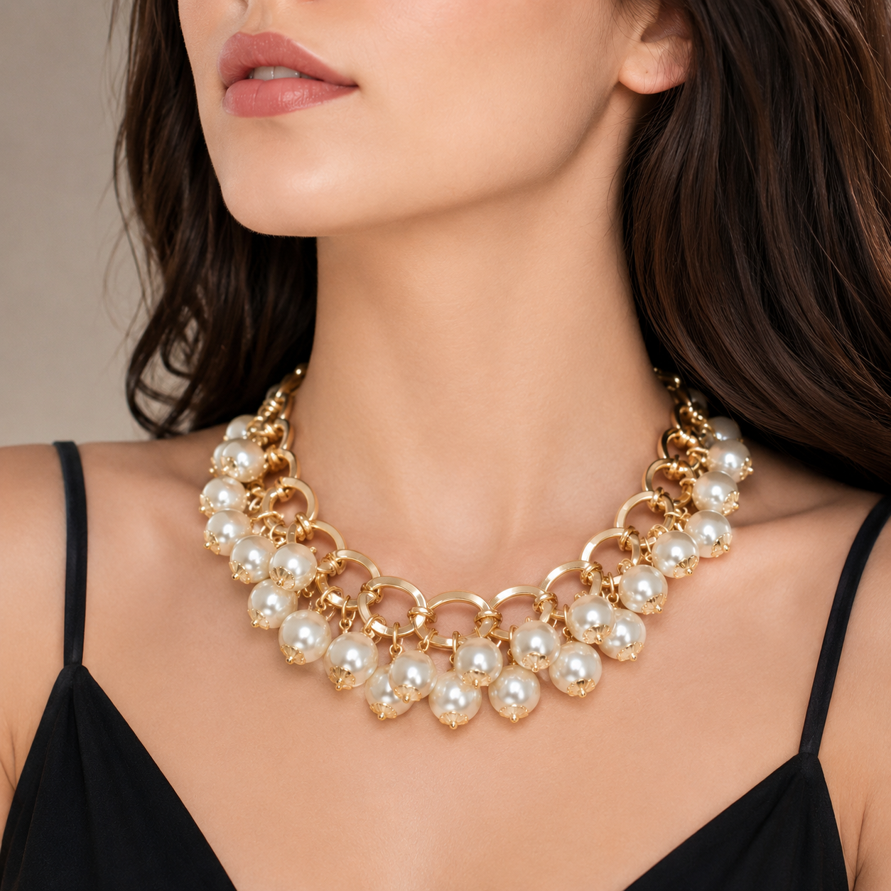 Chunky Gold Chain Pearl Fringe Statement Necklace - Image 2