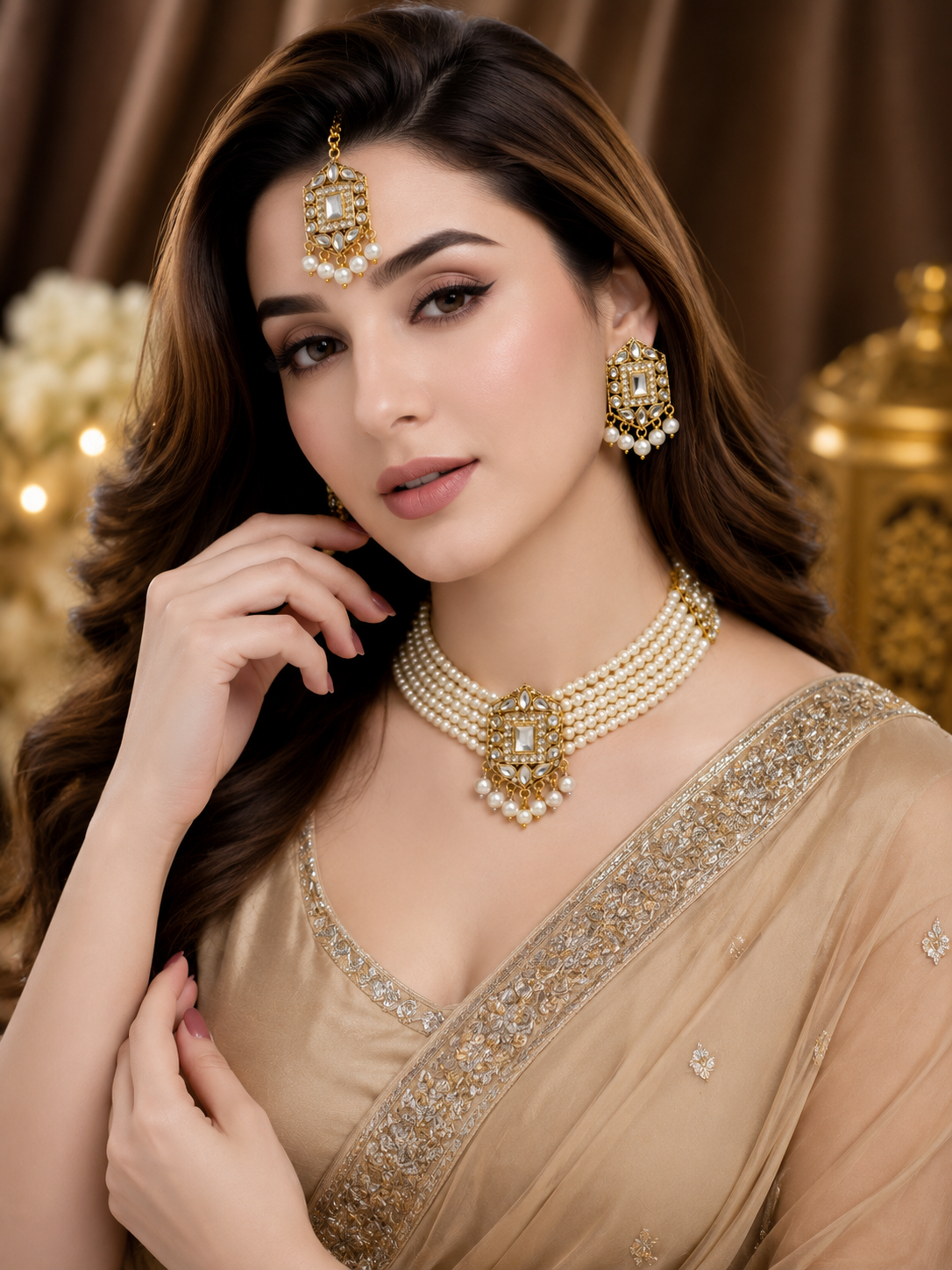 Royal Elegance Kundan & Multi-Strand Pearl Choker Set with Maang Tikka - Image 2