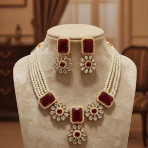 Gold-Plated Red Stone and Pearl Heritage Necklace Set