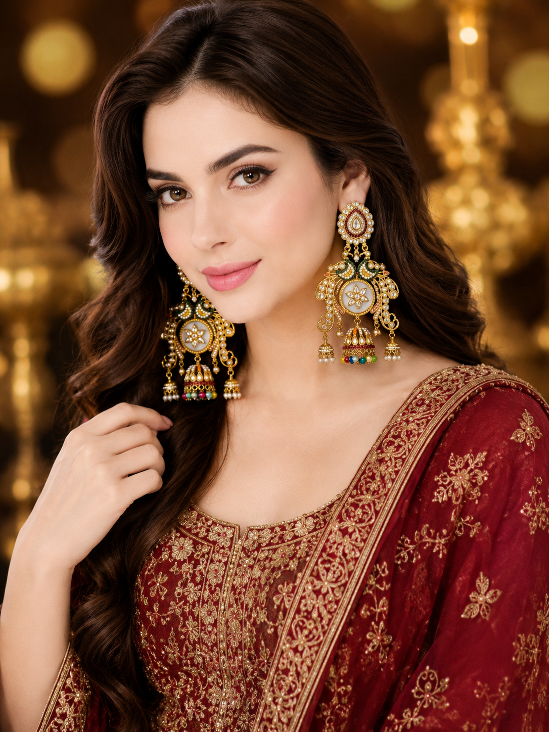 Heritage Gold-Plated Navratna Bead Jadau Kundan Danglers - Image 2