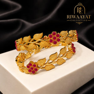 Gulab Floral Leaf Ruby Gold-Plated Bangles Pair